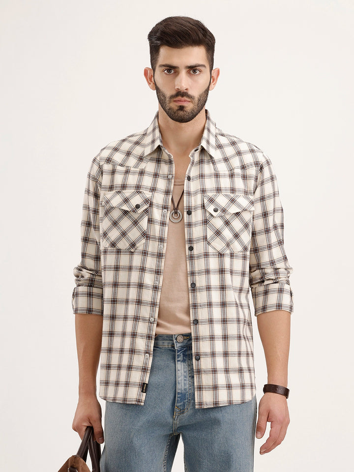 Slim Fit Double Pocket Checkered Shirt | Beige