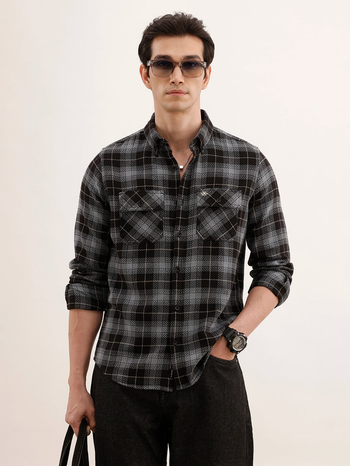 Textured Regular Fit Double Pocket Shirt | Black