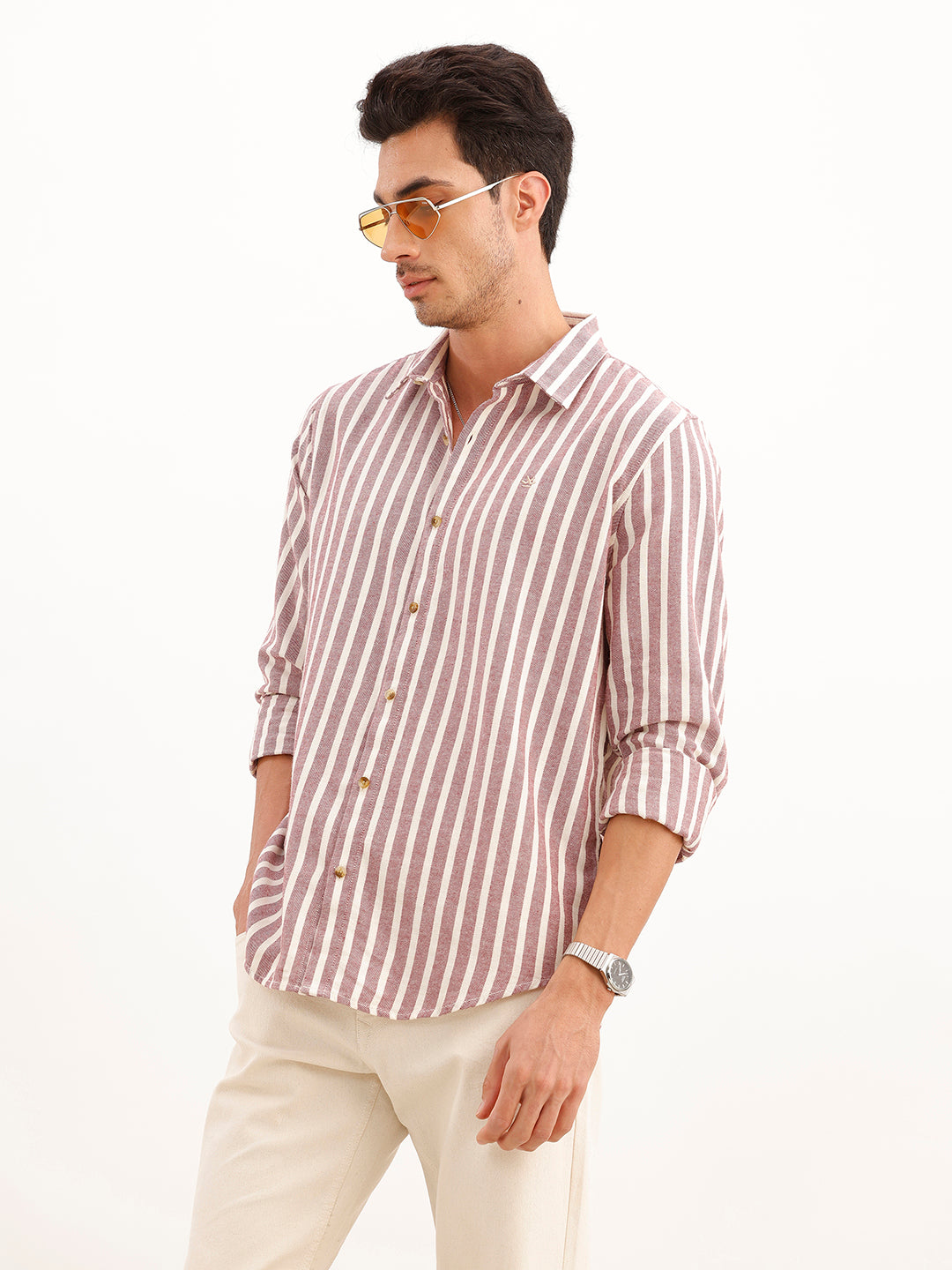 Classic Slim Fit Twill Striped Shirt | Wine