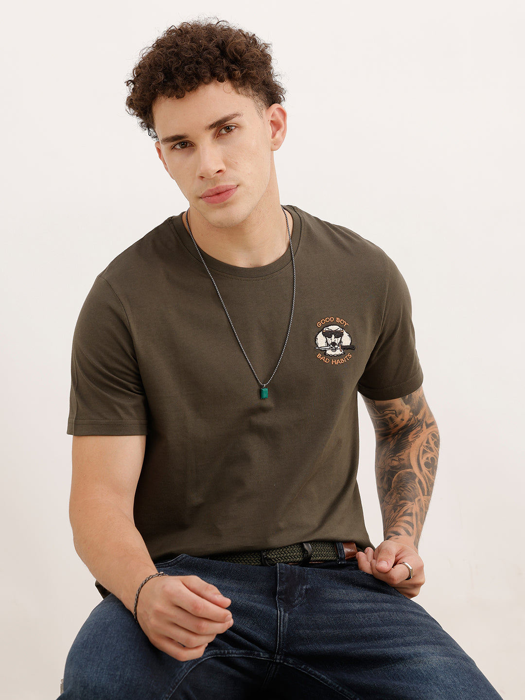 Slim Fit Embroidered Patch Detail T-Shirt | Olive | WTS02HSSL1383S