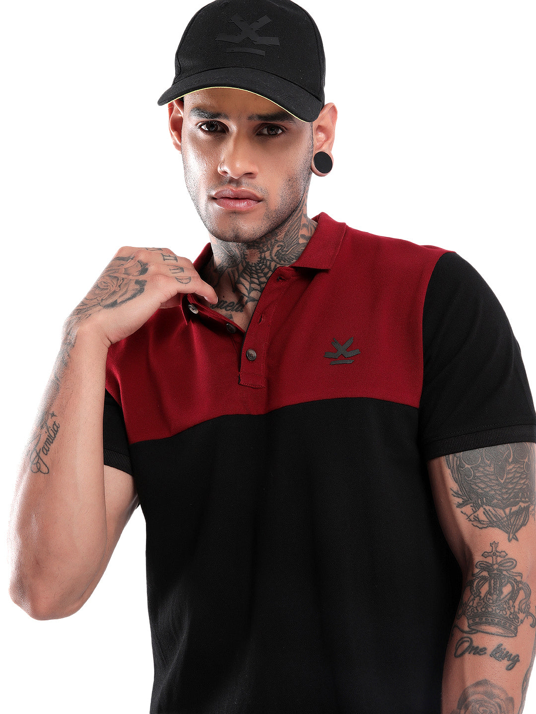 Red Over Black Colourblocked Polo