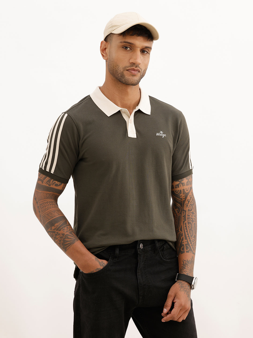 Slim Fit Side Stripe Polo T-Shirt | Olive