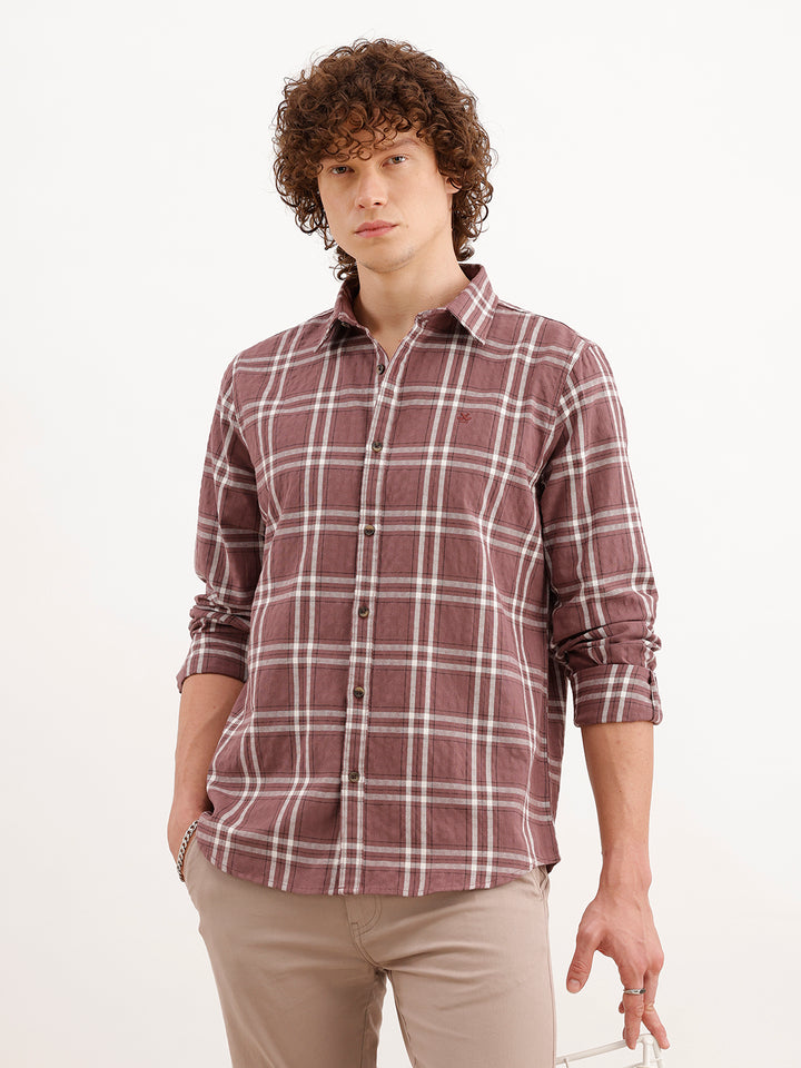 Slim Fit Checkered Shirt  | Peach