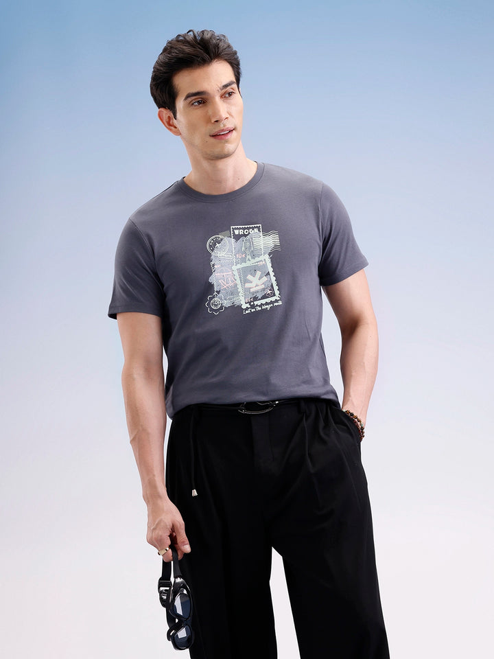 Slim Fit Placement Printed T-Shirt  | Dark Grey