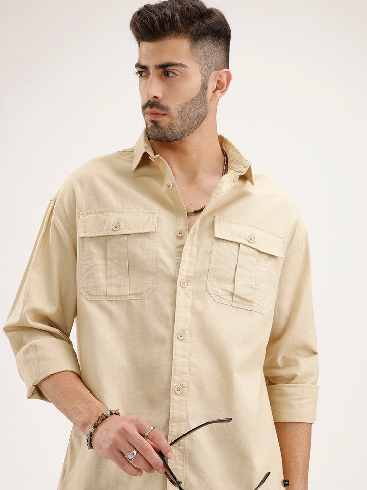 Solid Oversized Double Pocket Shirt | Khaki