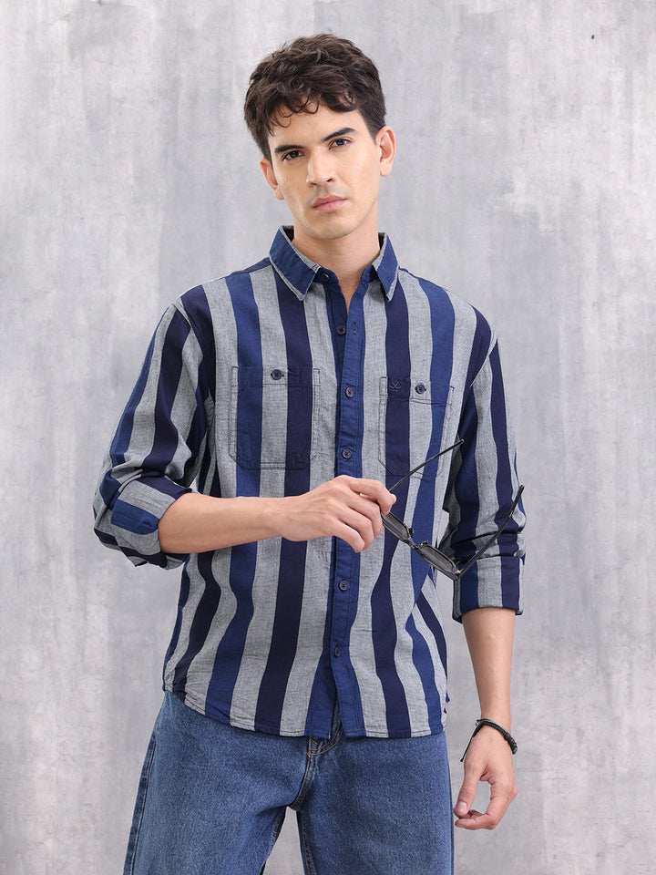 Textured Striped Cotton Shirt | Blue