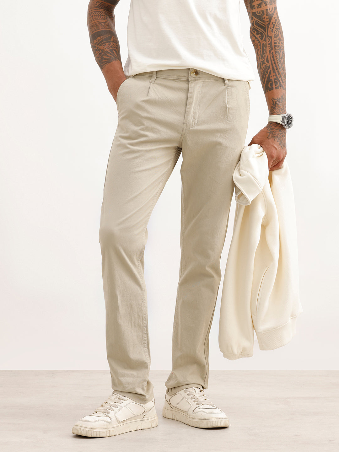 Solid Slim Fit Pleated Trouser | Beige