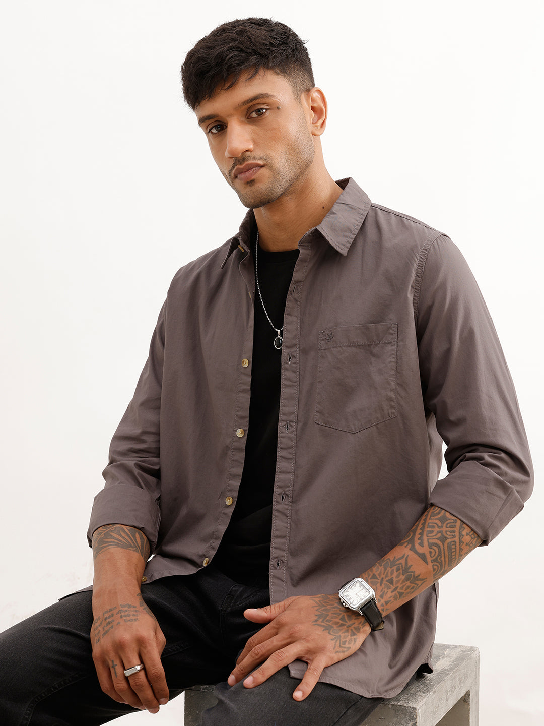 Solid Regular Fit Full Sleeve Shirt | Dark Grey