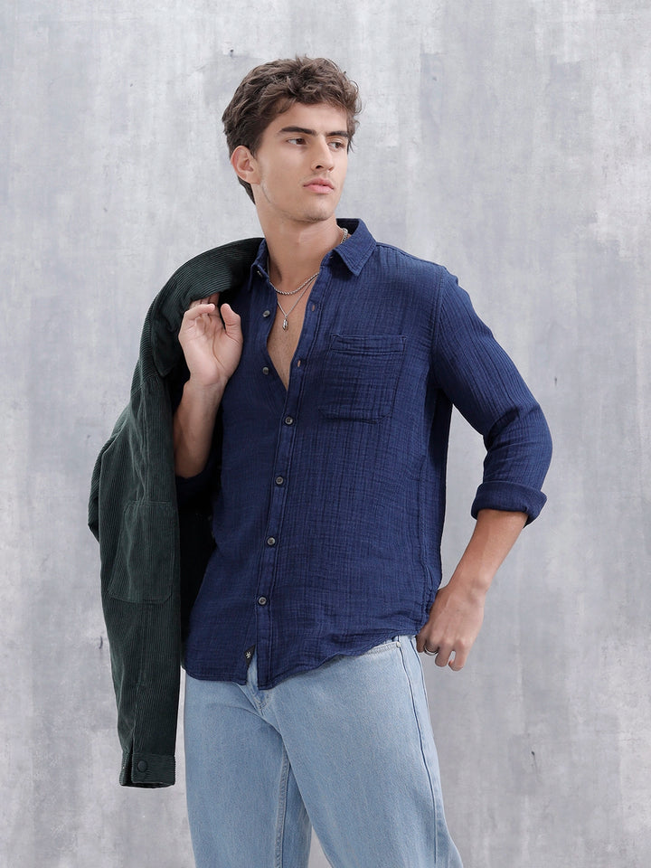 Indigo Double Cloth Slim Fit Shirt In Dark Wash | Dark Blue