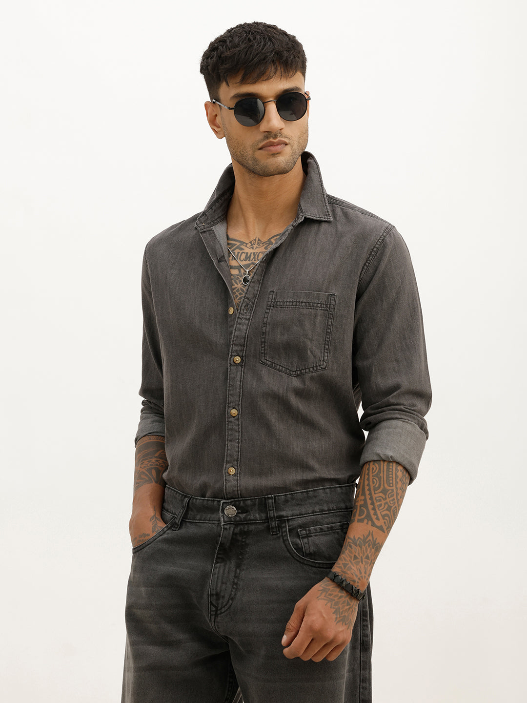 Solid Slim Fit Full Sleeve Shirt | Grey