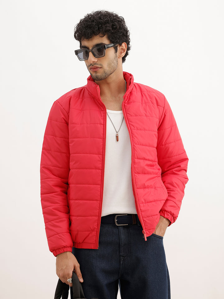 Regular Fit Zipper Puffer Jacket | Red