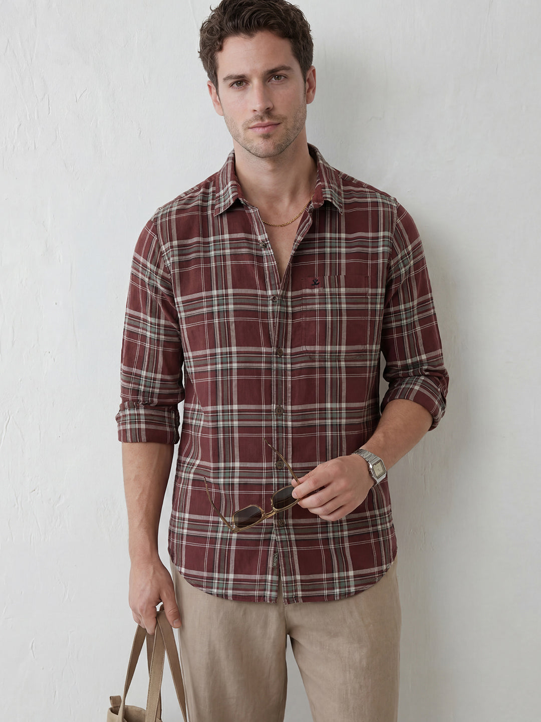 Slim Fit Checkered Shirt | Maroon