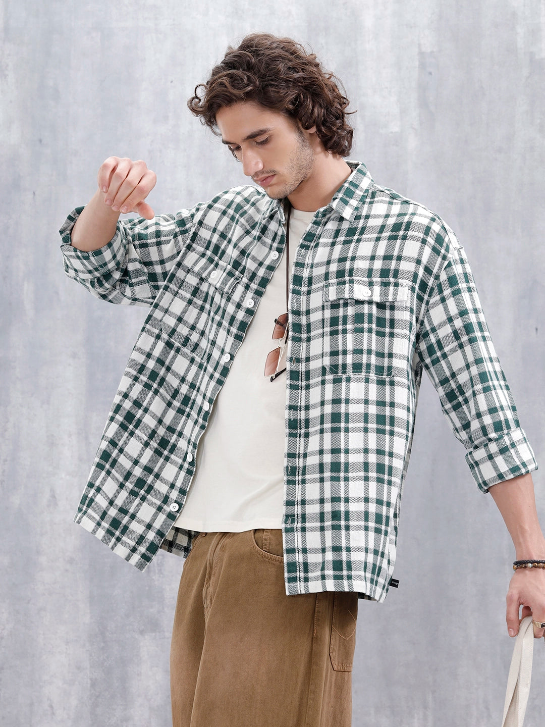Checkered Pattern Double Pocket Oversized Fit Shirt | Green