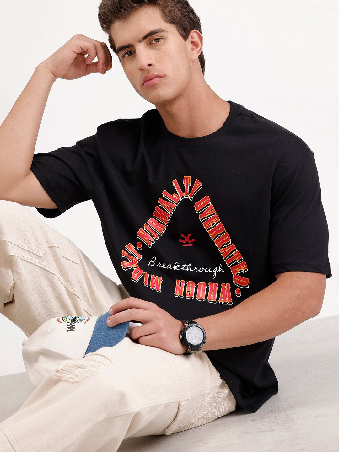 Oversized Placement Printed T-Shirt | Black