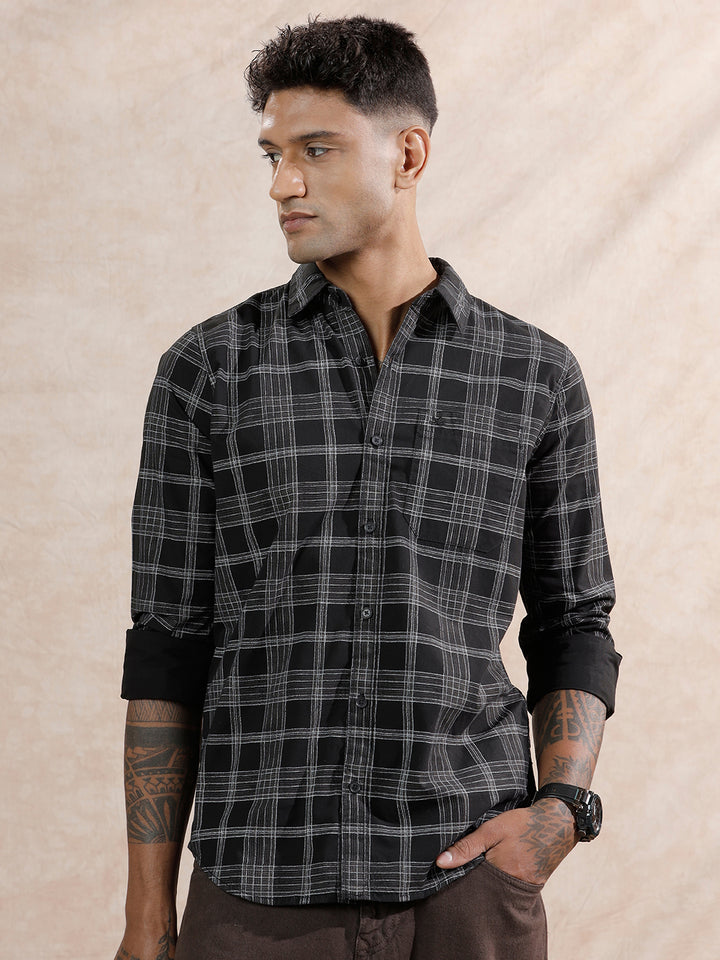 Textured Checks Regular Fit Shirt | Black