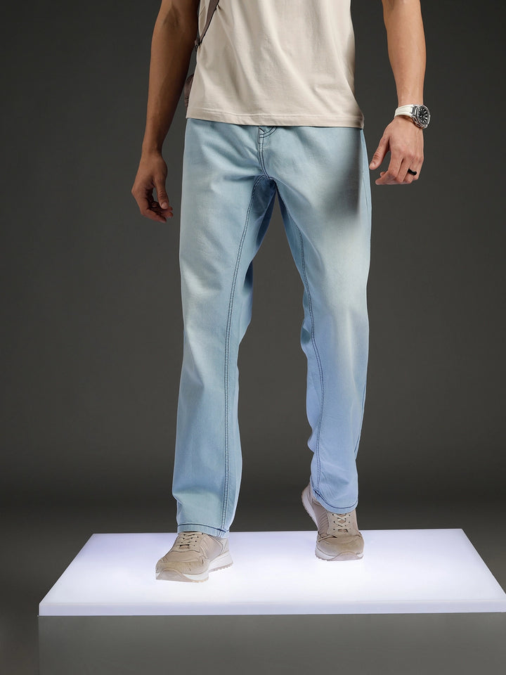 Wrogn Men's Casual Straight Fit Jeans with Contrast Stitch Detail | Light Blue