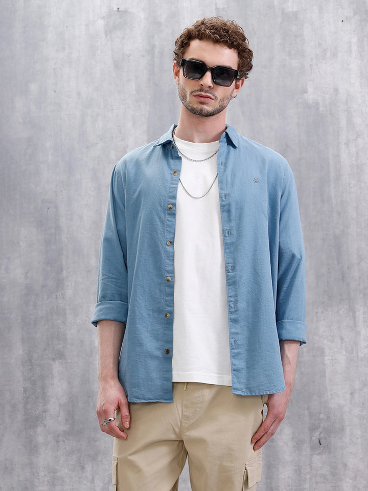 Solid Linen Blend Slim Fit Shirt | Blue
