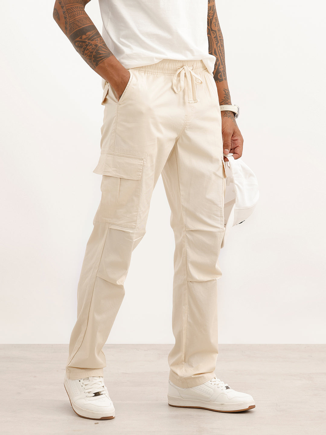 Solid Straight Fit Cargo Trouser | Beige