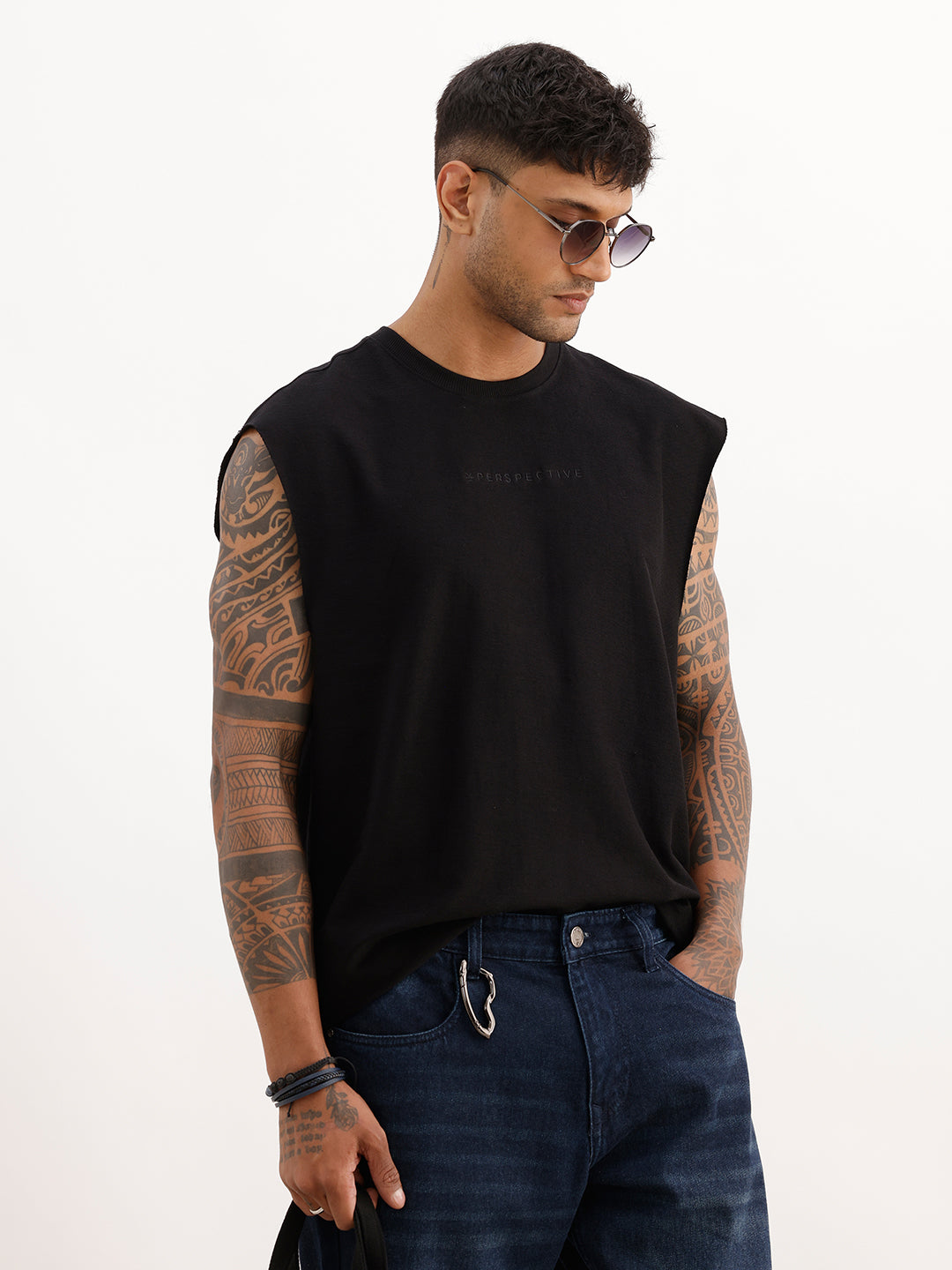 Oversized Fit Cut Off Sleeves T-Shirt | Black
