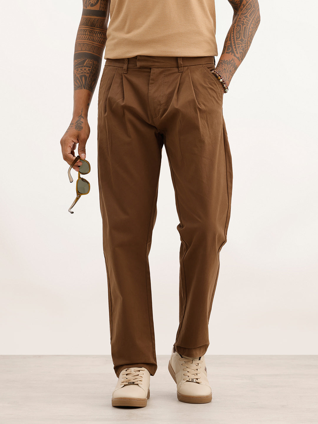 Solid Anti Fit Double Pleated Trouser | Brown