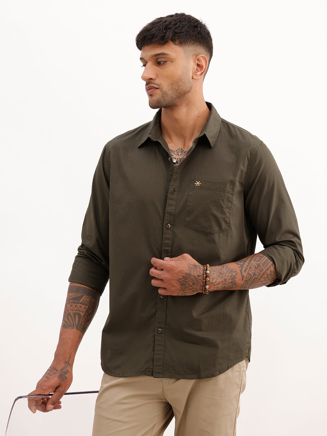 Solid Regular Fit Full Sleeve Shirt | Dark Green