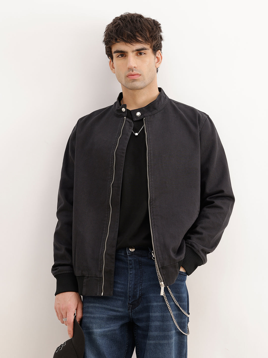 Solid Slim Fit Denim Jacket | Black | WNJK6339/NS