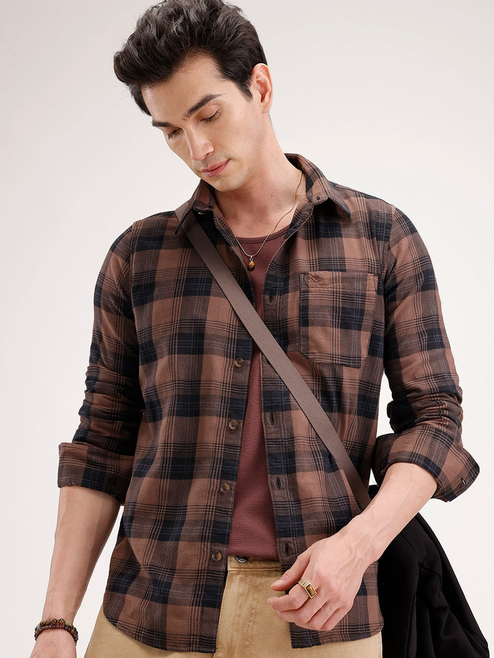 Slim Fit Checkered Shirt | Brown