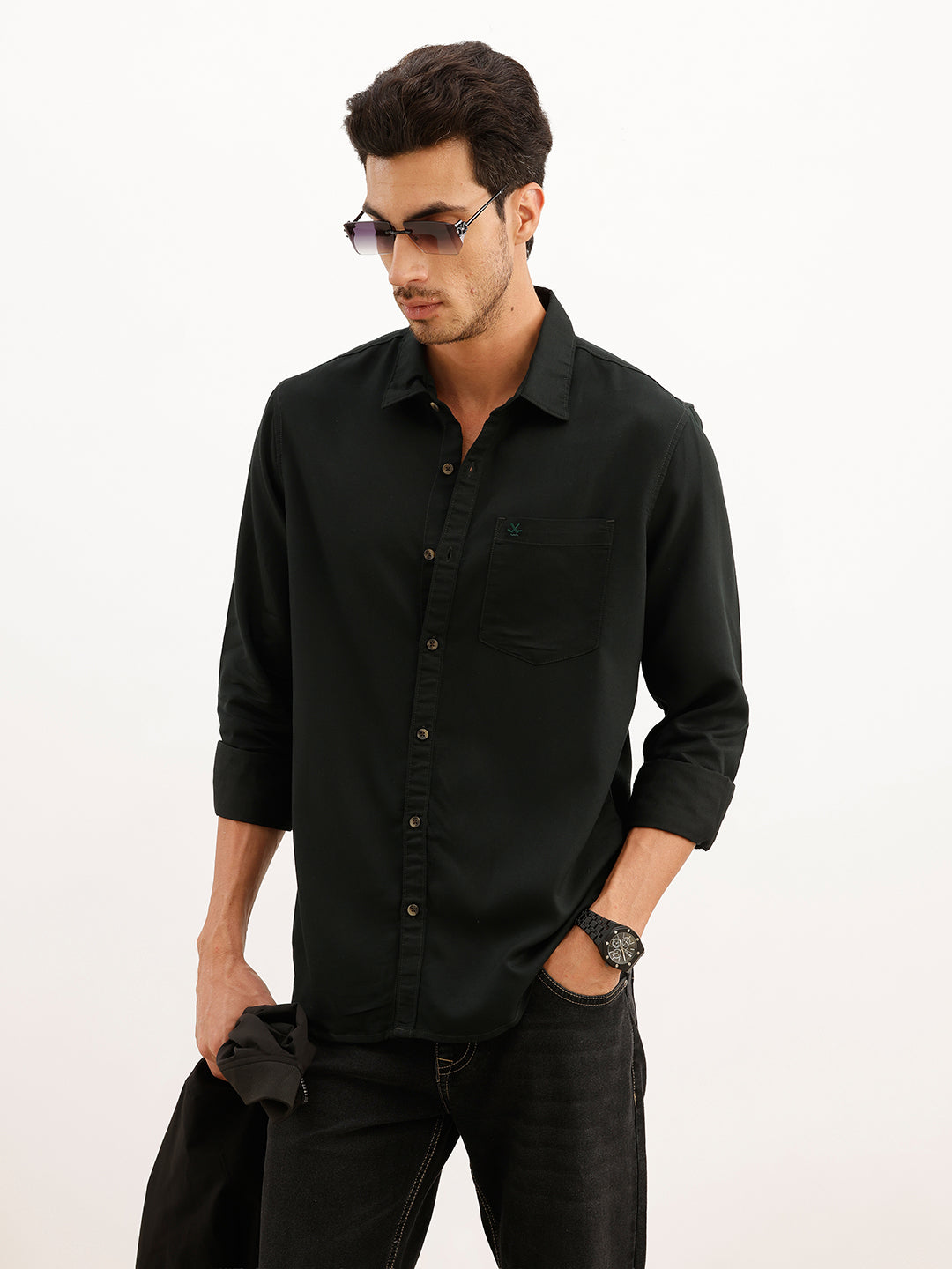 Solid Regular Fit Full Sleeve Shirt | Dark Green | WWSH9193F