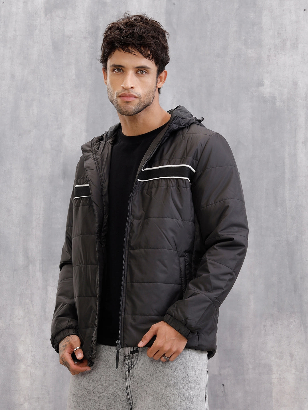 Quilted Jacket With Front Knitted Tape Detail | Black