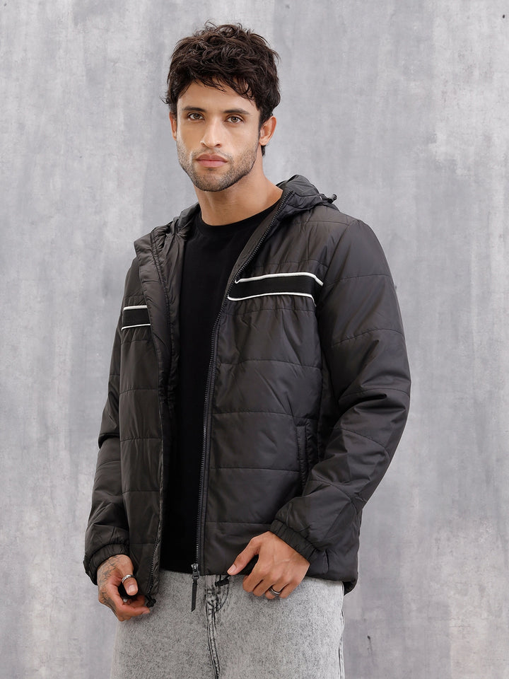 Quilted Jacket With Front Knitted Tape Detail | Black