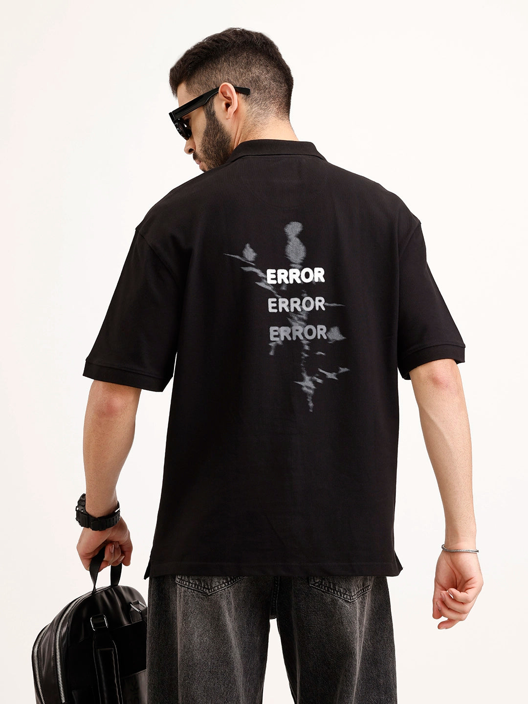 Oversized Back Printed Polo T-Shirt | Black