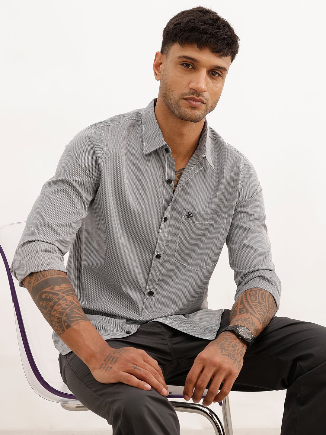 Regular Fit Checkered Full Sleeve Shirt | Grey | WWSH9194F
