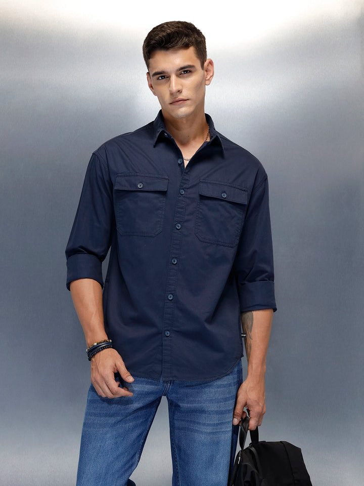 Men's Casual Oversized Fit Double Pocket Shirt | Navy Blue