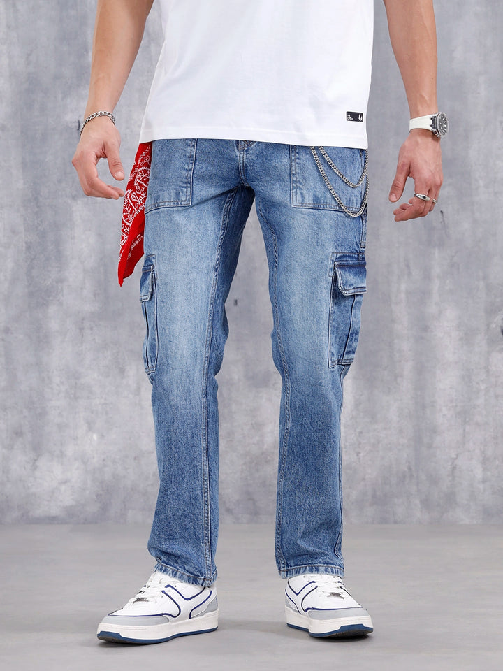 Men's Casual Relaxed Fit Cargo Jeans | Med Stone