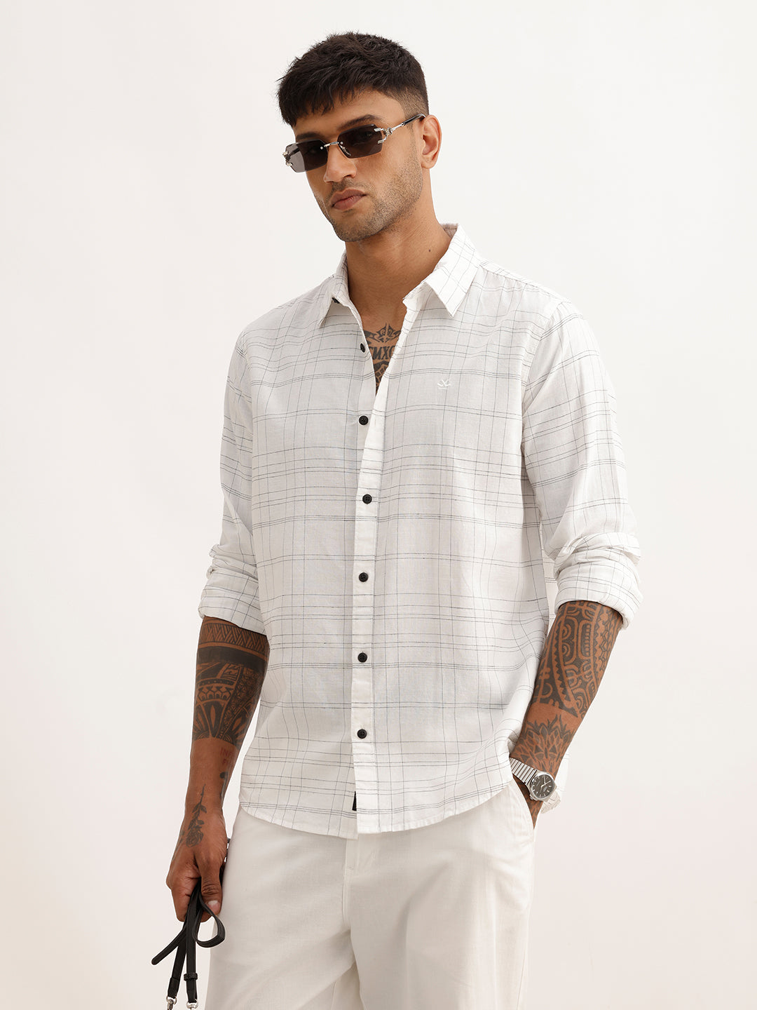 Slim Fit Checkered Full Sleeve Shirt | White