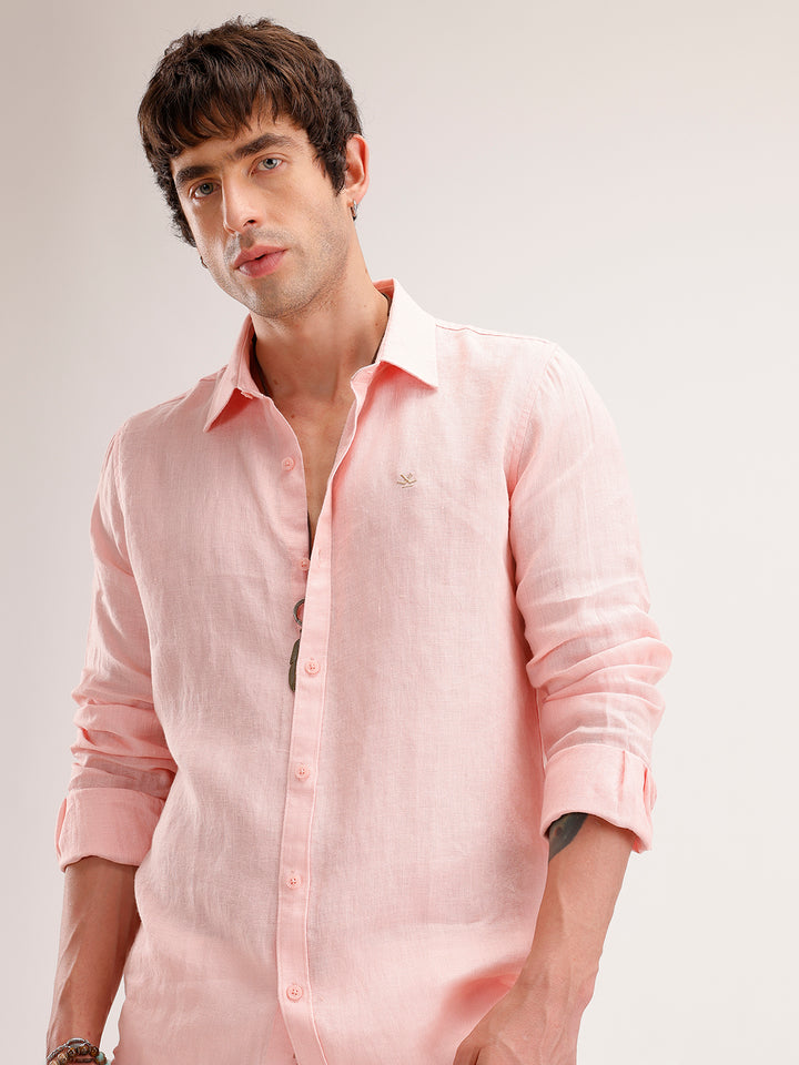 Solid Slim Fit Linen Shirt | Pink