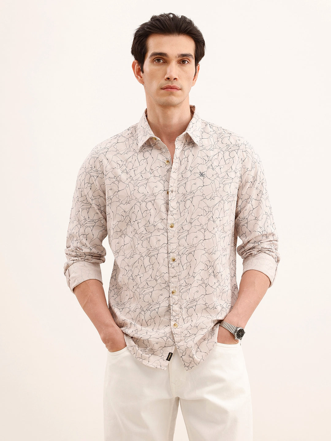 Textured Regular Fit AOP Shirt | Beige