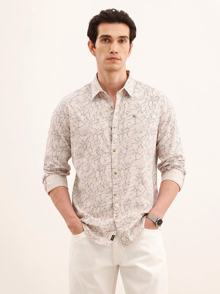 Textured Regular Fit AOP Shirt | Beige