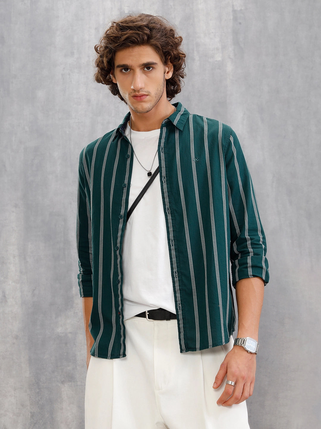 Open Dobby Stripe Shirt In Regular Fit  |  Dark Green