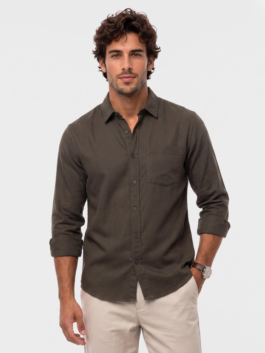 Textured Comfort Print Full Sleeve Shirt | Olive | WUSH2850F