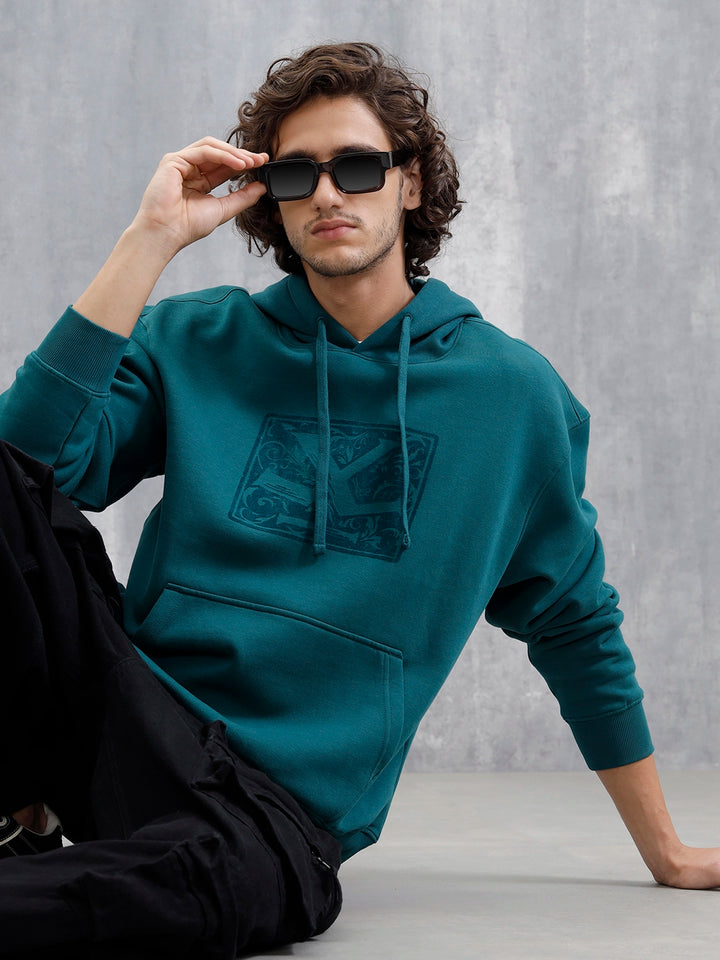 Oversized Brushed Fleece Hoodie With Tonal Flock Print | Teal