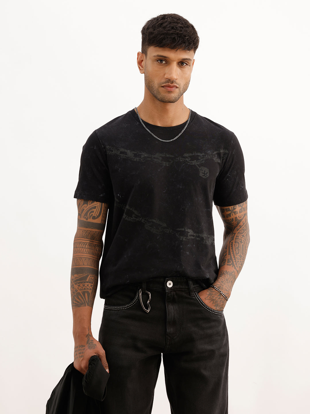 Washed Slim Fit Placement Printed T-Shirt | Black