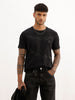 Washed Slim Fit Placement Printed T-Shirt | Black