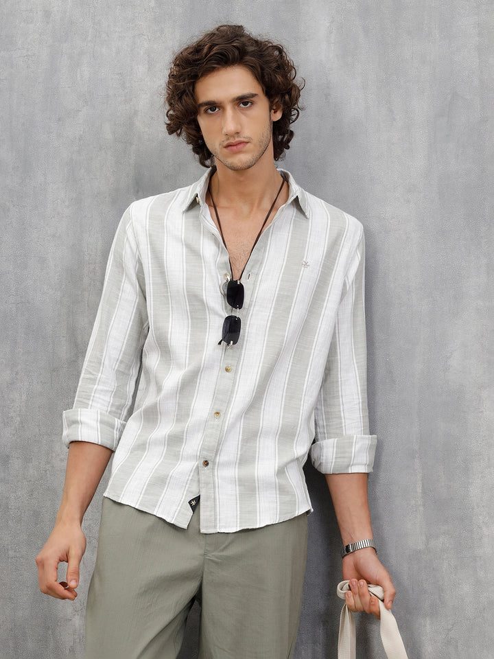 Light Weight Herringbone Stripe Shirt In Slim Fit  |  Light Green