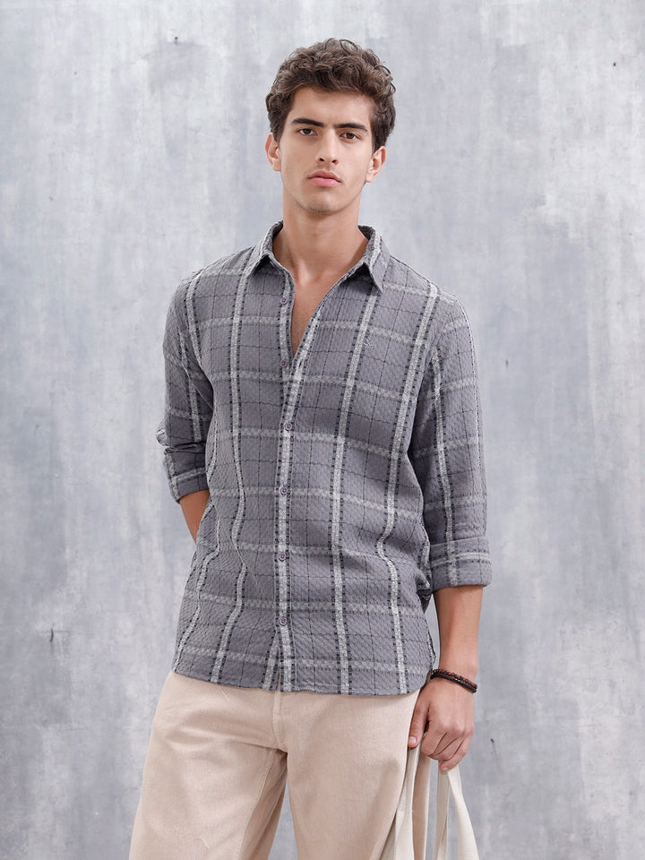 Textured Checkered Pattern Regualr Fit Shirt | Grey