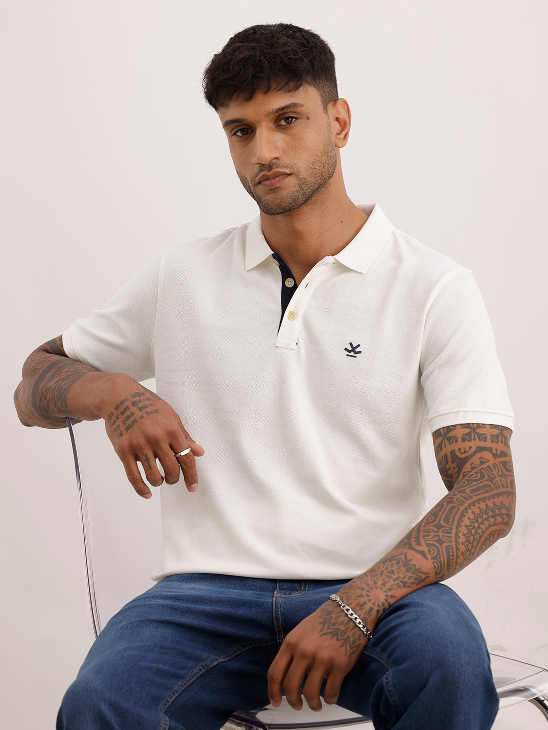 Solid Contrast Placket Polo T-Shirt | White