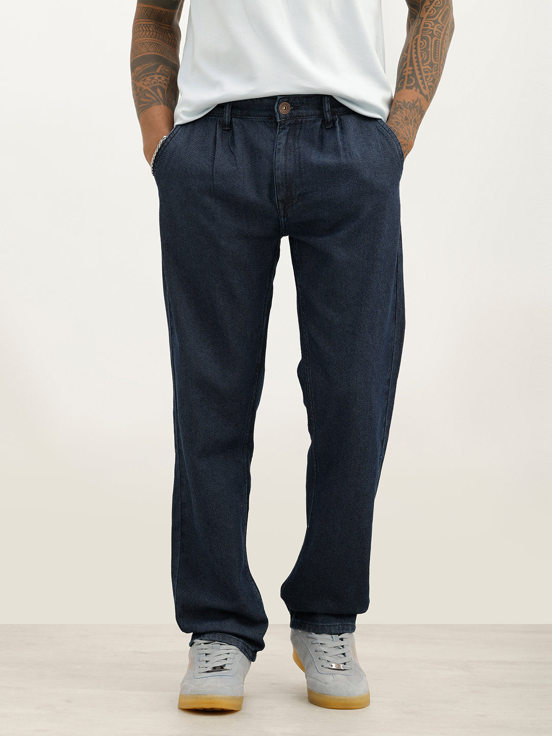 Solid Anti Fit Pleated Denim Jeans | Dark Blue
