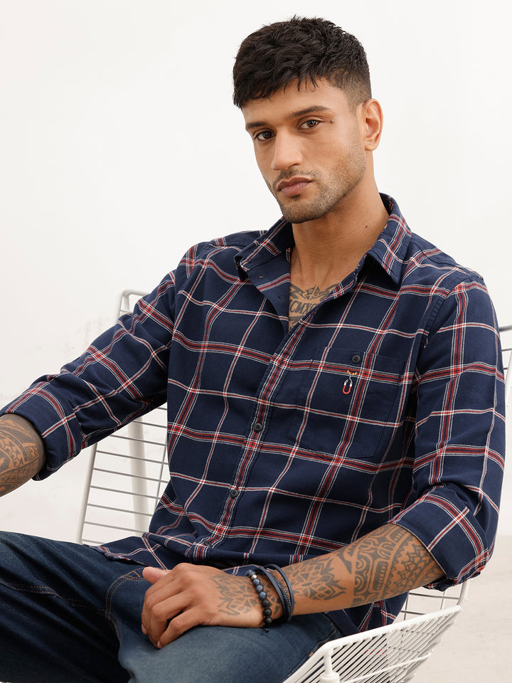 Slim Fit Checkered Full Sleeve Shirt | Navy Blue