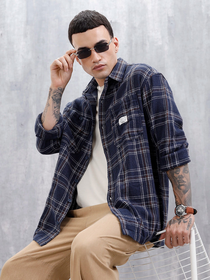 Wrogn Men's Oversized Double Pocket Textured Checks Shirt  | Navy Blue