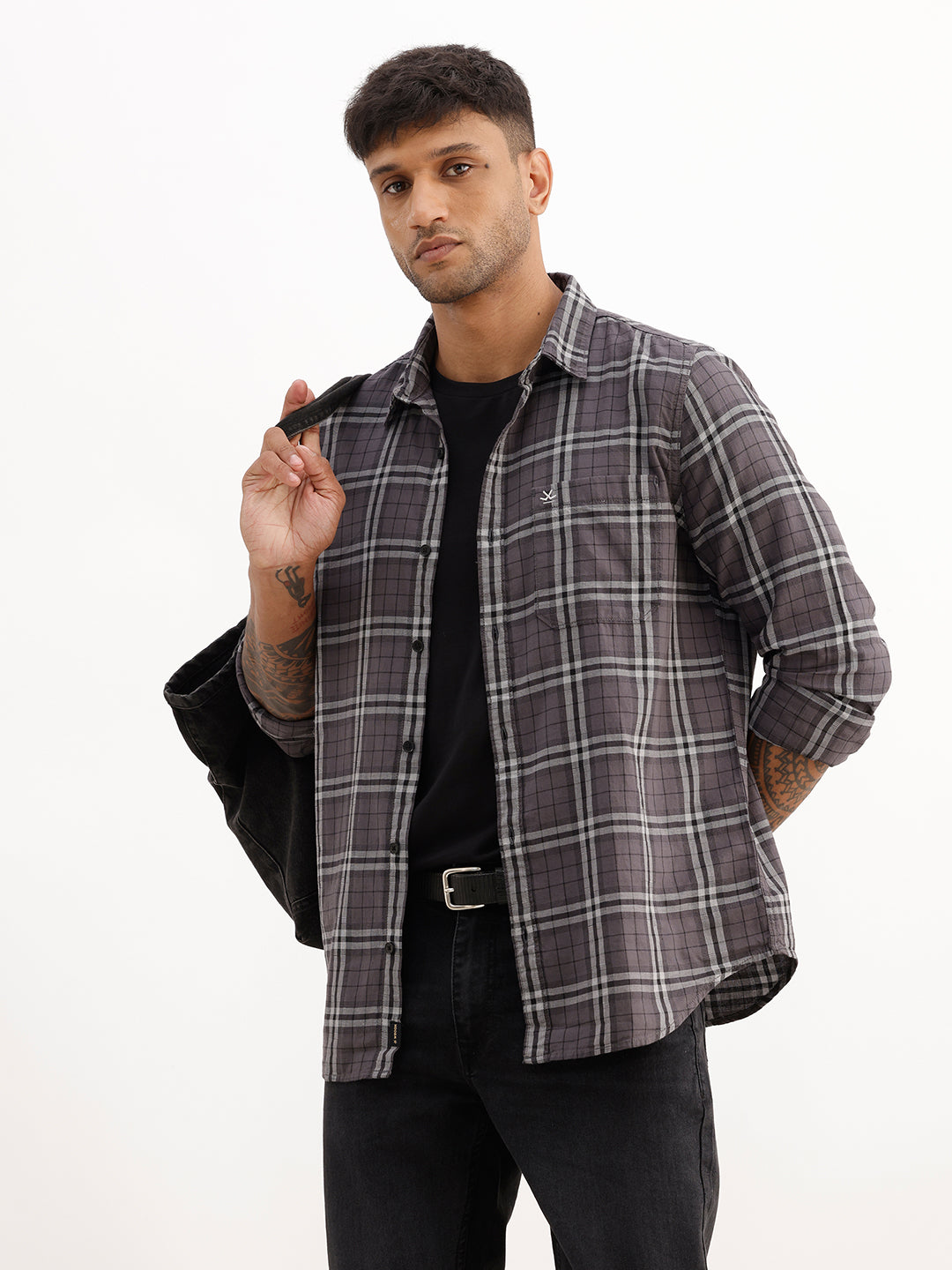 Slim Fit Checkered Full Sleeve Shirt | Dark Grey